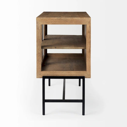 Light Brown Solid Wood w/ Black Iron Frame & 2 Glass Doors Accent Cabinet - 36.0L x 18.0W x 32.0H