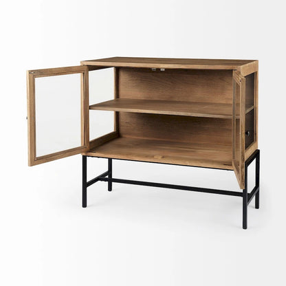 Light Brown Solid Wood w/ Black Iron Frame & 2 Glass Doors Accent Cabinet - 36.0L x 18.0W x 32.0H