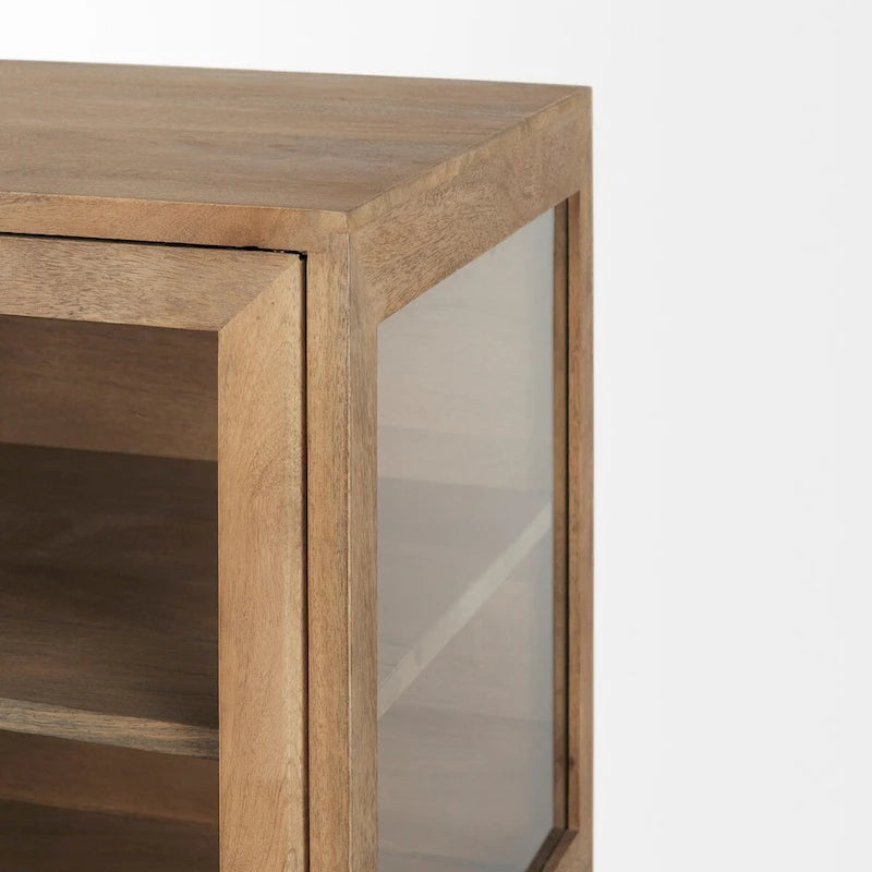 Light Brown Solid Wood w/ Black Iron Frame & 2 Glass Doors Accent Cabinet - 36.0L x 18.0W x 32.0H