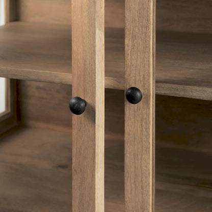 Light Brown Solid Wood w/ Black Iron Frame & 2 Glass Doors Accent Cabinet - 36.0L x 18.0W x 32.0H