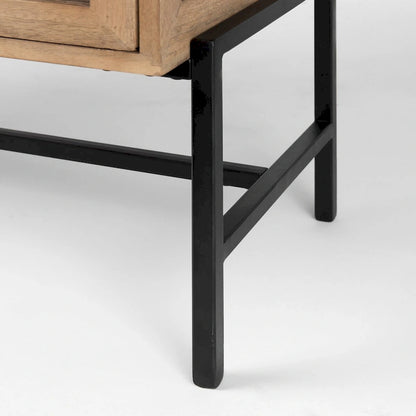 Light Brown Solid Wood w/ Black Iron Frame & 2 Glass Doors Accent Cabinet - 36.0L x 18.0W x 32.0H