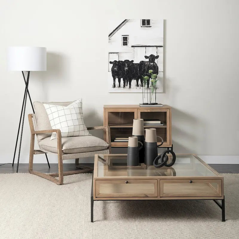 Light Brown Solid Wood w/ Black Iron Frame & 2 Glass Doors Accent Cabinet - 36.0L x 18.0W x 32.0H