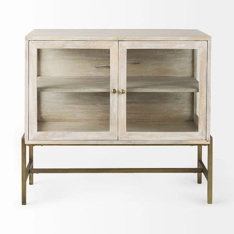 Light Brown Solid Wood w/ Black Iron Frame & 2 Glass Doors Accent Cabinet - 36.0L x 18.0W x 32.0H