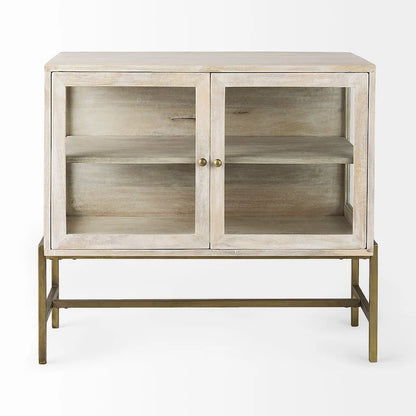 Light Brown Solid Wood w/ Black Iron Frame & 2 Glass Doors Accent Cabinet - 36.0L x 18.0W x 32.0H
