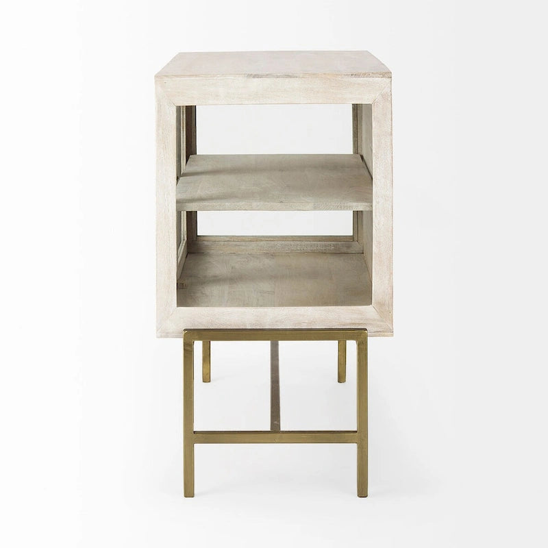Light Brown Solid Wood w/ Black Iron Frame & 2 Glass Doors Accent Cabinet - 36.0L x 18.0W x 32.0H