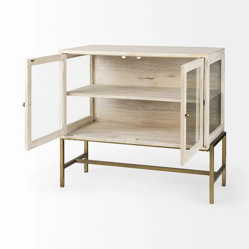 Light Brown Solid Wood w/ Black Iron Frame & 2 Glass Doors Accent Cabinet - 36.0L x 18.0W x 32.0H