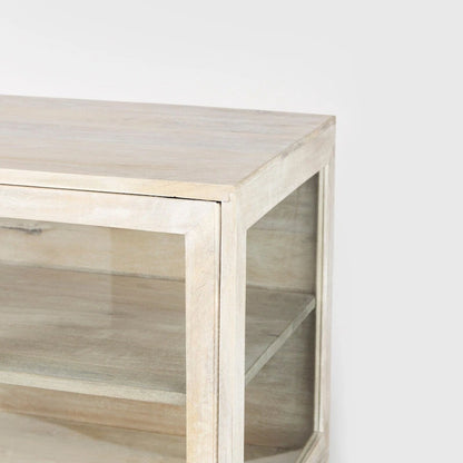 Light Brown Solid Wood w/ Black Iron Frame & 2 Glass Doors Accent Cabinet - 36.0L x 18.0W x 32.0H