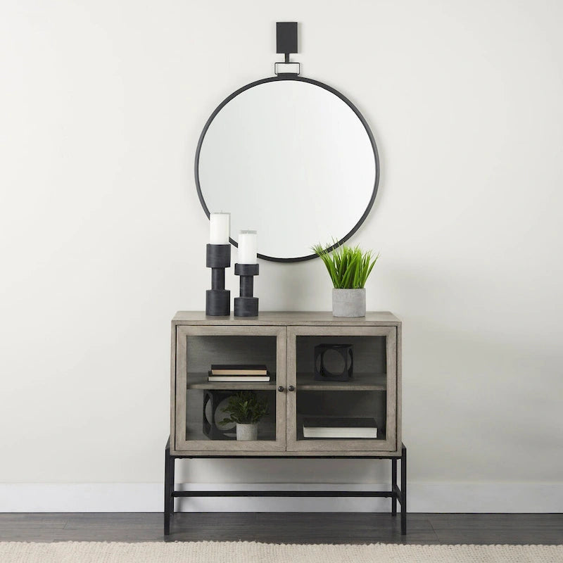 Light Brown Solid Wood w/ Black Iron Frame & 2 Glass Doors Accent Cabinet - 36.0L x 18.0W x 32.0H