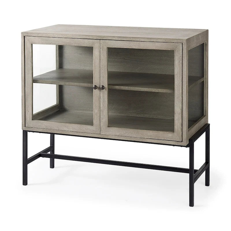 Light Brown Solid Wood w/ Black Iron Frame & 2 Glass Doors Accent Cabinet - 36.0L x 18.0W x 32.0H