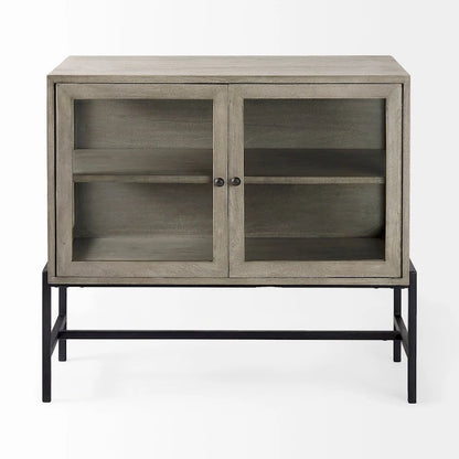 Light Brown Solid Wood w/ Black Iron Frame & 2 Glass Doors Accent Cabinet - 36.0L x 18.0W x 32.0H
