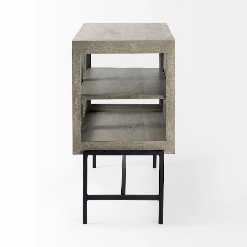Light Brown Solid Wood w/ Black Iron Frame & 2 Glass Doors Accent Cabinet - 36.0L x 18.0W x 32.0H