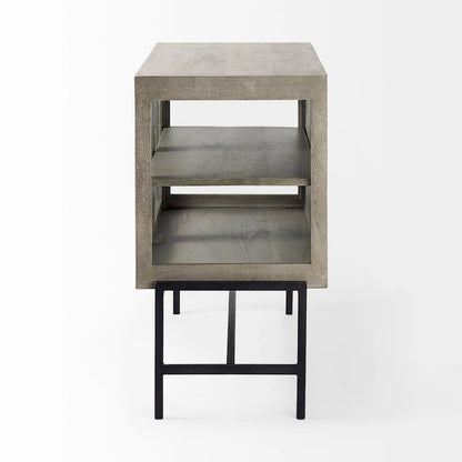 Light Brown Solid Wood w/ Black Iron Frame & 2 Glass Doors Accent Cabinet - 36.0L x 18.0W x 32.0H