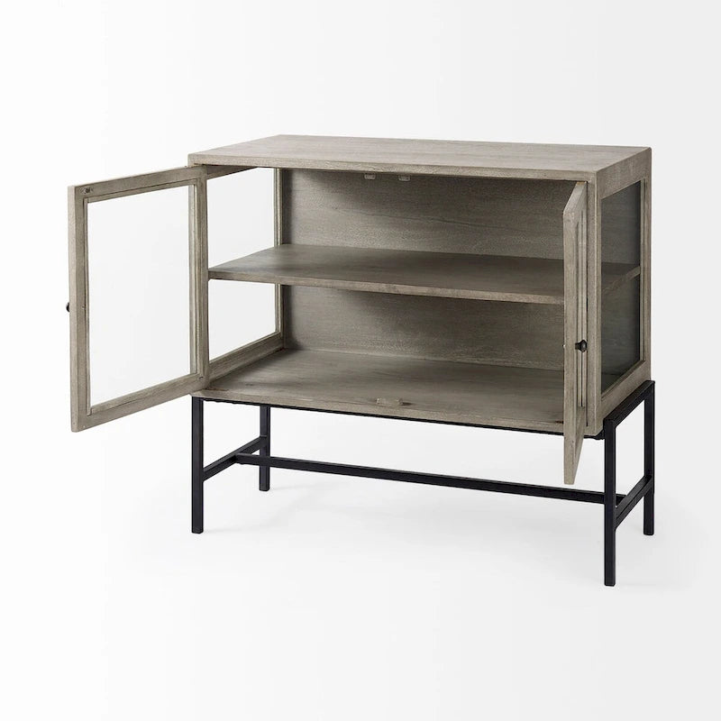 Light Brown Solid Wood w/ Black Iron Frame & 2 Glass Doors Accent Cabinet - 36.0L x 18.0W x 32.0H