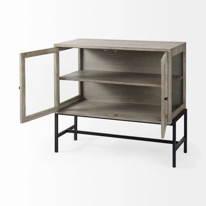 Light Brown Solid Wood w/ Black Iron Frame & 2 Glass Doors Accent Cabinet - 36.0L x 18.0W x 32.0H