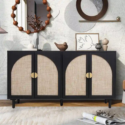 Storage Cabinet w/ 4 Rattan Door,Adjustable Shelves,Buffet Cabinet - 59.06Lx15.75Wx31.5H