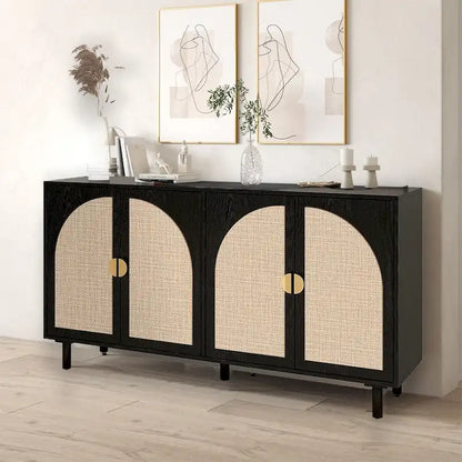 Storage Cabinet w/ 4 Rattan Door,Adjustable Shelves,Buffet Cabinet - 59.06Lx15.75Wx31.5H