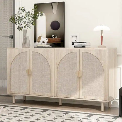 Storage Cabinet w/ 4 Rattan Door,Adjustable Shelves,Buffet Cabinet - 59.06Lx15.75Wx31.5H