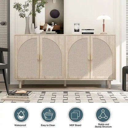 Storage Cabinet w/ 4 Rattan Door,Adjustable Shelves,Buffet Cabinet - 59.06Lx15.75Wx31.5H
