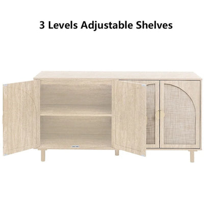 Storage Cabinet w/ 4 Rattan Door,Adjustable Shelves,Buffet Cabinet - 59.06Lx15.75Wx31.5H