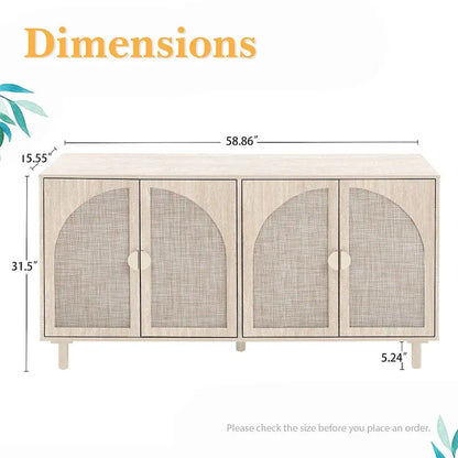 Storage Cabinet w/ 4 Rattan Door,Adjustable Shelves,Buffet Cabinet - 59.06Lx15.75Wx31.5H