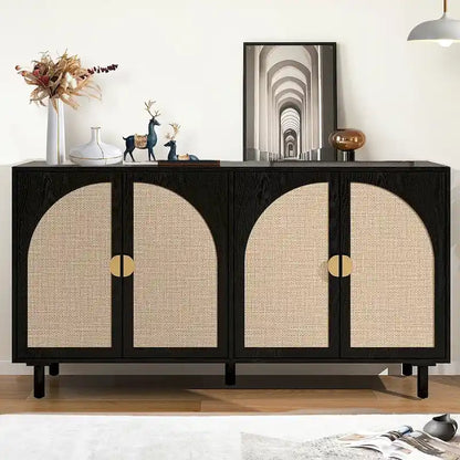 Storage Cabinet w/ 4 Rattan Door,Adjustable Shelves,Buffet Cabinet - 59.06Lx15.75Wx31.5H