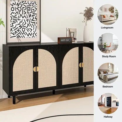Storage Cabinet w/ 4 Rattan Door,Adjustable Shelves,Buffet Cabinet - 59.06Lx15.75Wx31.5H