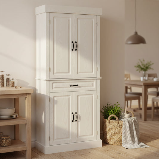Freestanding Kitchen Pantry with 4 Doors and 2 Large Cabinets