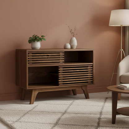 Walnut Mid-Century Display Stand with Sliding Doors, Single