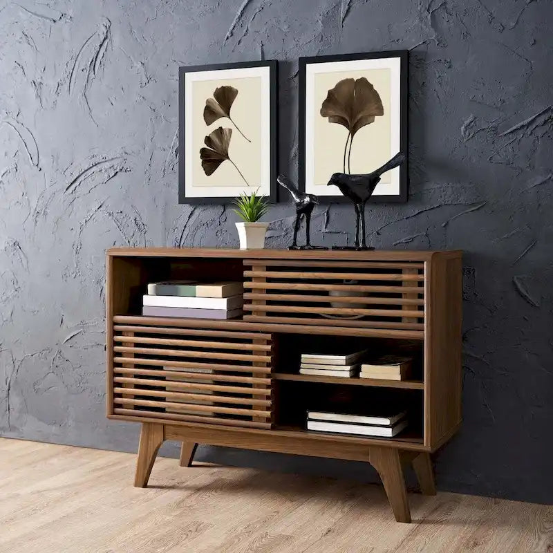 Walnut Mid-Century Display Stand with Sliding Doors, Single