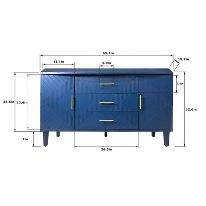 Stylish and Functional 2-Door 3-Drawer Cabinet with Carved Effect, for Bedroom,Living Room,Office,Easy Assembly, Navy Blue