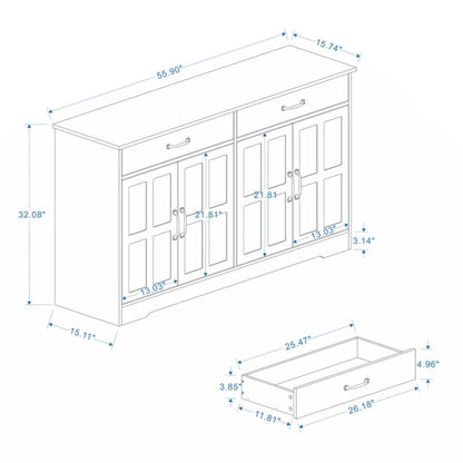 55.91 Large Farmhouse Buffet Cabinet Storage Sideboard with 2 Drawers and 4 Doors for Dining Living Room Kitchen Cupboard-White