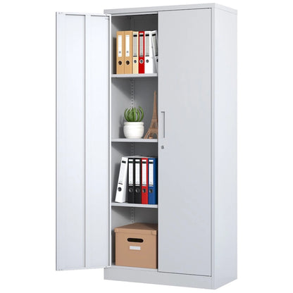 71H Metal Garage Storage Cabinet,White Tool Steel Locking Cabinet with Doors and 3 Adjustable Shelves