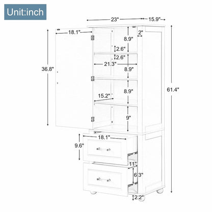 Tall Freestanding Bathroom Storage Cabinet with Two Drawers and Adjustable Shelf
