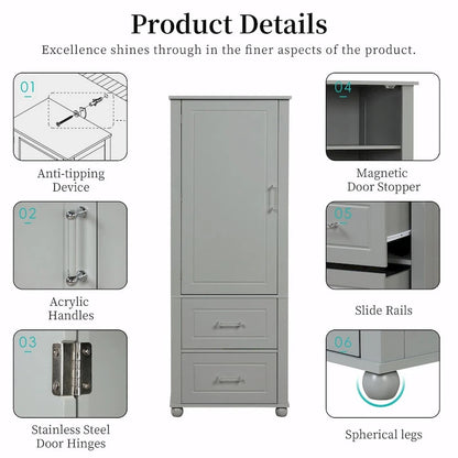 Tall Freestanding Bathroom Storage Cabinet with Two Drawers and Adjustable Shelf