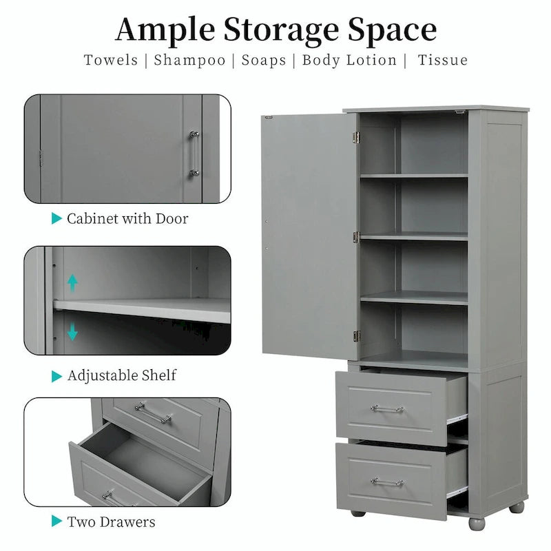 Tall Freestanding Bathroom Storage Cabinet with Two Drawers and Adjustable Shelf