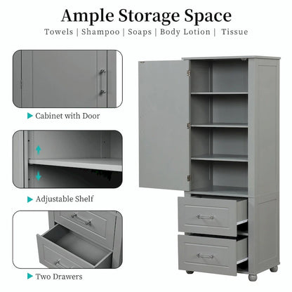 Tall Freestanding Bathroom Storage Cabinet with Two Drawers and Adjustable Shelf