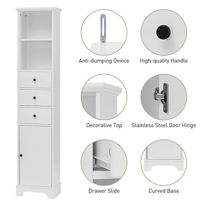 Tall Bathroom Cabinet, Freestanding Storage Cabinet with 3 Drawers and Adjustable Shelf