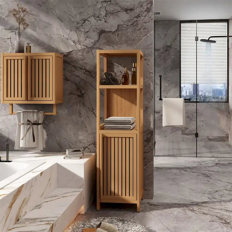 15 Na ow Bathroom Floor Cabinet, Bamboo Wood Linen Cabinet with 1 Door and Open Storage Shelves - Natural