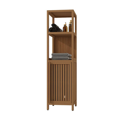 15 Na ow Bathroom Floor Cabinet, Bamboo Wood Linen Cabinet with 1 Door and Open Storage Shelves - Natural