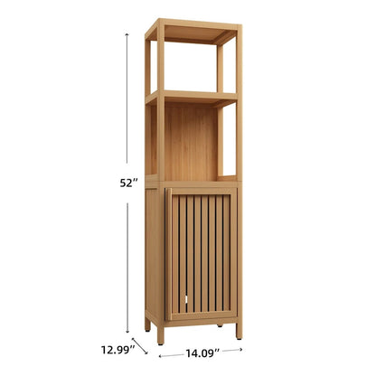15 Na ow Bathroom Floor Cabinet, Bamboo Wood Linen Cabinet with 1 Door and Open Storage Shelves - Natural
