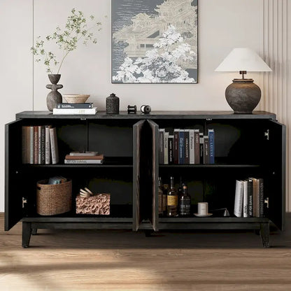 Sideboard Buffet Cabinet with Solid Wood Legs 60 Cabinet with 4 Convex pattern diamond Doors and 2 Shelves