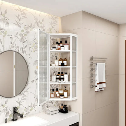 Roomfitters Glass Door Wall-Mounted Corner Cabinet with Four-Tier Storage - Ideal for Bedroom, Living Room, Bathroom, Kitchen