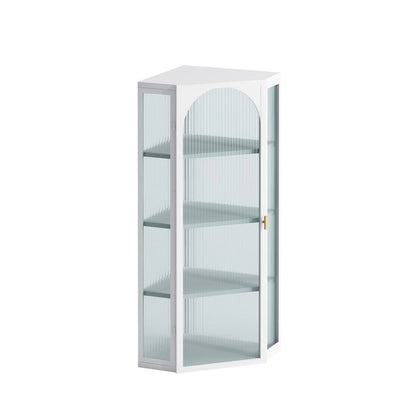 Roomfitters Glass Door Wall-Mounted Corner Cabinet with Four-Tier Storage - Ideal for Bedroom, Living Room, Bathroom, Kitchen