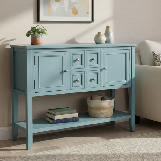 Blue Buffet Sideboard Console Table with Bottom Shelf